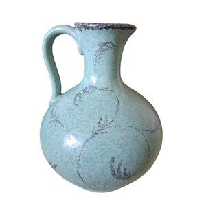 Vintage Green Ceramic Pitcher With Abstract Black Detailing & Handle